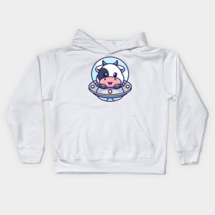 Cute cow flying with spaceship ufo cartoon Kids Hoodie